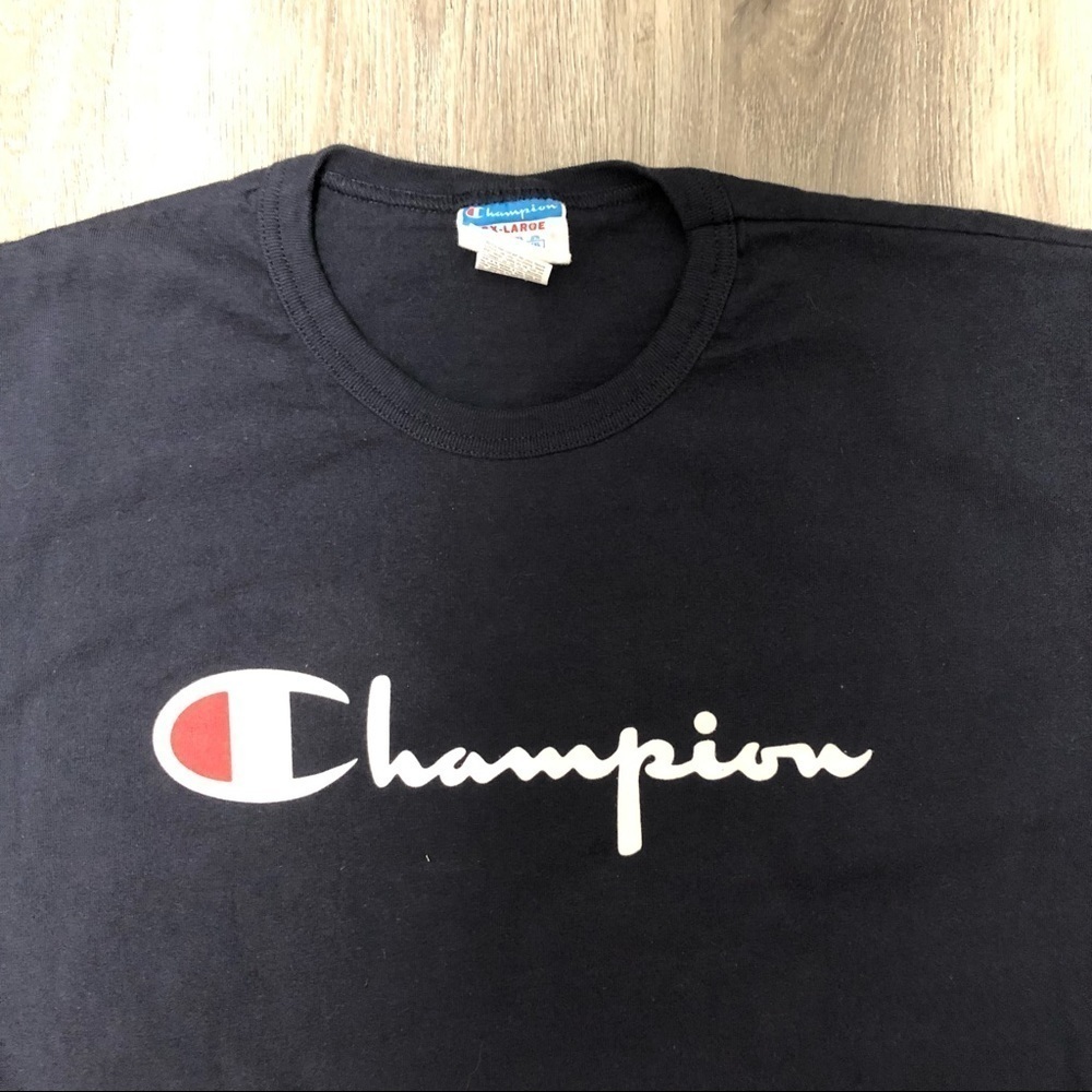 Champion Size 3 XL Vintage 90s T Shirt Short Sleeve Navy Logo Ringer Tee - Picture 2 of 4